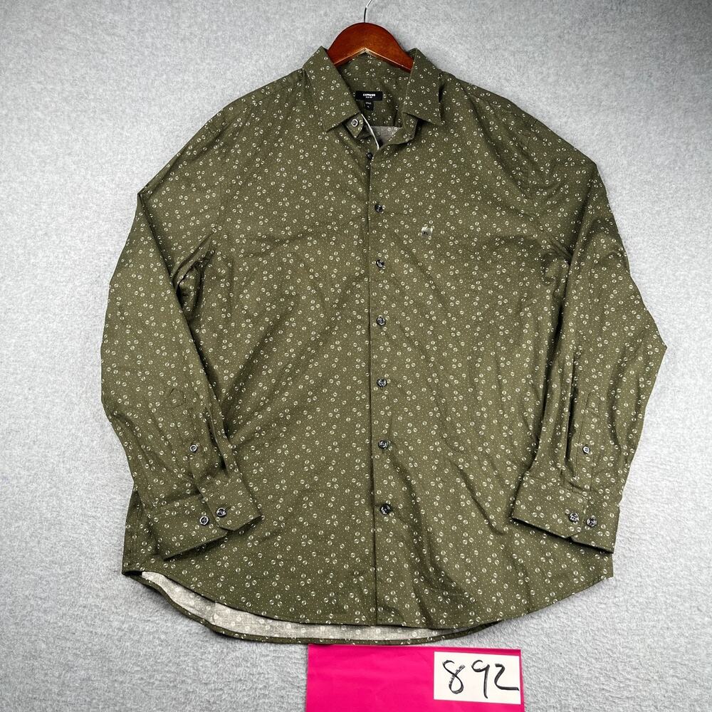 Express 1MX Shirt XL Slim Olive Green Geometric Button Up Long Sleeve New NWT